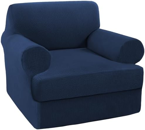 Turquoize T Cushion Chair Slipcover Armchair Slipcover for Living Room Stretch Sofa Couch Cover Soft Armchair Cover Washable Furniture Covers with Individual T Cushion Seat Covers (Chair, Navy)