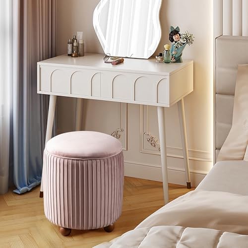 Glitzhome Round Ottoman with Storage, Pleated Velvet Small Foot Stool, Modern Accent Stool Upholstered Vanity Stool with Rubberwood Ball Feet for Bedroom Living Room Dorm Room, Dusty Pink