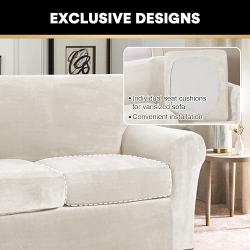 PrinceDeco Velvet Couch Covers for Sofa Soft 4 Pieces Couch Covers for 3 Cushion Couch Sofa Pet Friendly Furniture Protector with Non Slip Elastic Bottom Width Up to 90 Inch (Medium-Large, Porcelain)