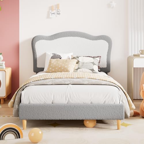 Garvee Upholstered Twin Bed Frame for Kids with Scallop Headboard, Cute Velvet Twin Bed for Girls, Boys, Sturdy Platform Bed, No Box Spring Needed, Wooden Slats, Noise Free, Grey White