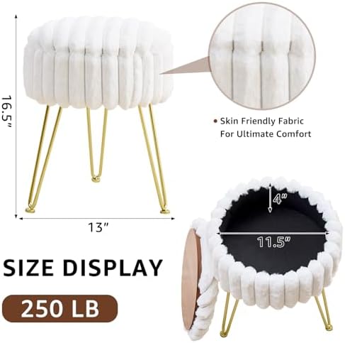 Wimarsbon Vanity Stool with Storage, Faux Fur Ottoman Chair with Metal Legs