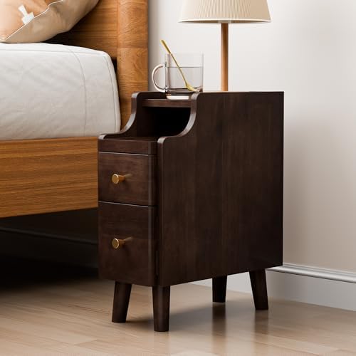 Narrow Nightstand with Drawers Set 2, Pre-Assembled Solid Wood Small Skinny Night Stand with Open Sliding Shelf Slim Bedside Table for Bedroom, Slim Side Table 2, Black Walnut, 8"
