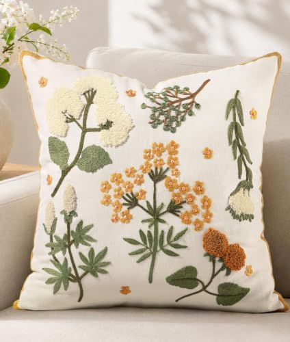 Embroidered Floral Throw Pillow Cover 18x18 Inch, Meadow Flower