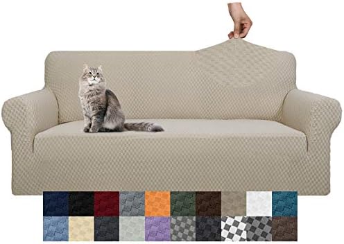 YEMYHOM Couch Cover Latest Jacquard Design High Stretch Sofa Covers for 3 Cushion Couch, Pet Dog Cat Proof Slipcover Non Slip Magic Elastic Furniture Protector (Sofa, Khaki)