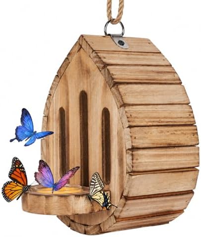 Wooden Butterfly House and Feeder for Outdoors, Natural Butterfly Habitat Nesting Box, Hanging Bug Hotel Garden Decoration for Butterflies, Bees, Moths
