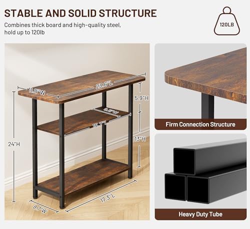 SLEEPING LAMB Side Table for Living Room, 3-Tier End Table for Small Space with Wide Storage Tabletop, Rustic Brown Narrow Nightstand for Bedroom, Sofa Couch