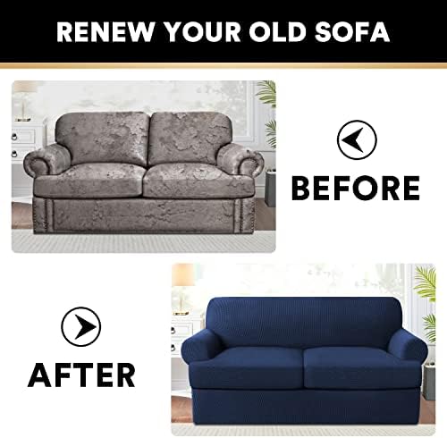 PrinceDeco T Cushion Loveseat Slipcover 3 Pieces Sofa Covers for T Cushion Sofa Stretch Slip Covers for 2 Cushion Couch with 2 Individual T Shape Seat Covers Width Up to 76"- Washable, Navy