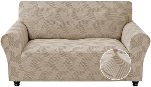 JIVINER 1 Piece Couch Cover for 2 Cushion Couch, High Stretch Loveseat Covers with Elastic Bottom, Washable Sofa Slipcovers for Dog, Pets Feature Geometrical Jacquard Fabric (Loveseat, Khaki)