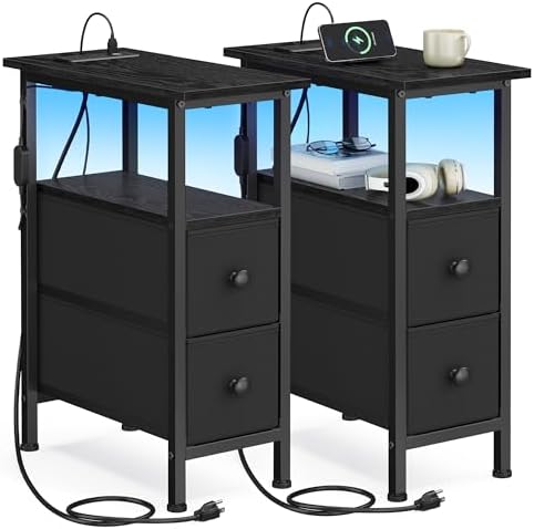 SONGMICS Side Table with LED Light, Narrow End Table with 2 Fabric Drawers