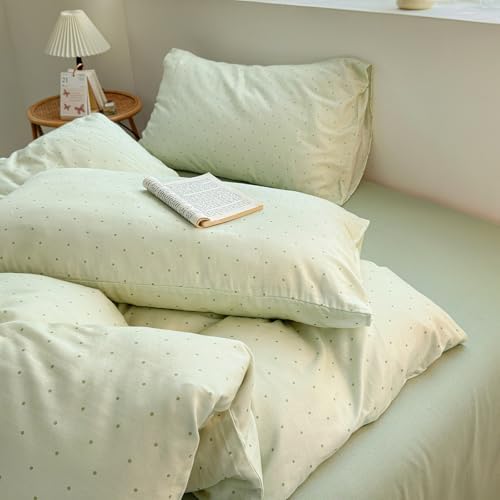 LifeTB Polka Dot Duvet Cover Set Queen, Sage Green 100% Cotton Muslin Duvet Cover, Aesthetic Polka Dot Pattern Cute Comforter Cover for All Seasons, Lightweight Soft Breathable Gauze Bedding Set