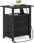 Vagusicc Black End Table with Charging Station, Narrow Side Table, 25.2'' Tall Narrow Nightstand with 3 Fabric Drawers, Slim Sofa Side Table for Small Spaces, Small Night Stand for Bedroom, Black