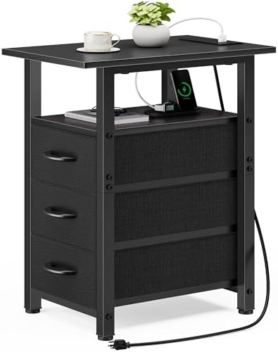 Vagusicc Black End Table with Charging Station, Narrow Side Table, 25.2'' Tall Narrow Nightstand with 3 Fabric Drawers, Slim Sofa Side Table for Small Spaces, Small Night Stand for Bedroom, Black