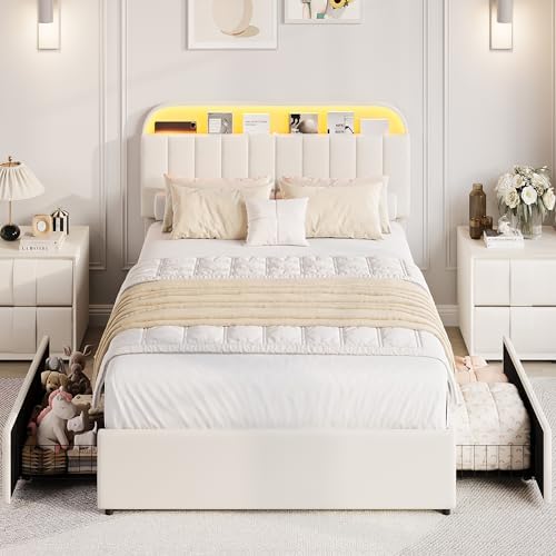 GarveeHome Queen Bed Frame, Platform Bed with Storage Headboard & Drawers
