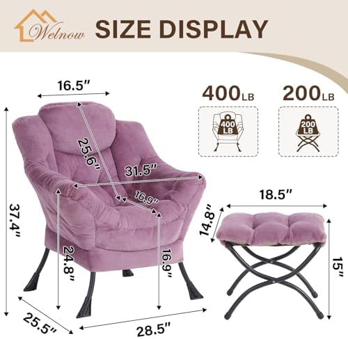 Welnow Lazy Chair with Ottoman, Reading Chair with Footrest,Mauve Purple