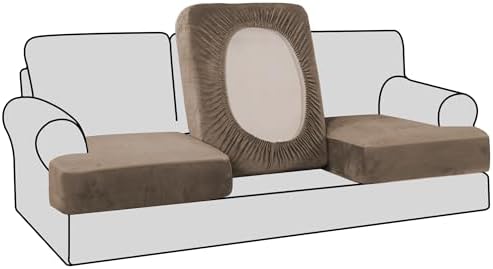 H.VERSAILTEX Stretch Velvet 3 Piece T Cushion Sofa Slipcovers for Living Room Individually Sofa Covers for 3 Cushion Seat Cushion Covers Stay with Elastic Bands (Sofa, Mocha)