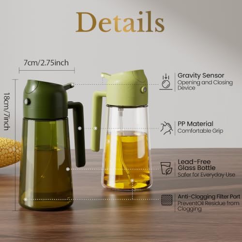 YARRAMATE Olive Oil Dispenser, 2 in 1 Oil Sprayer for Cooking, 17oz/500ml Glass Oil Spray Bottle with Pourer, Food-grade Oil Dispenser and Oil Sprayer for Kitchen, Salad, Frying (25_4pcs greenset)