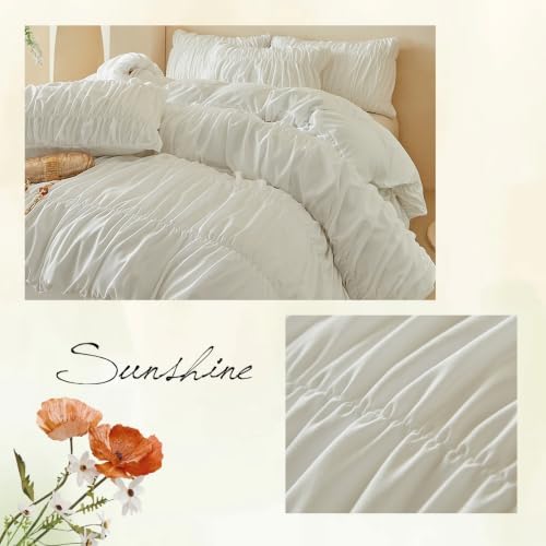 AOJIM White Ruched Full Duvet Cover 3Pcs French Chic Bedding for Bedroom