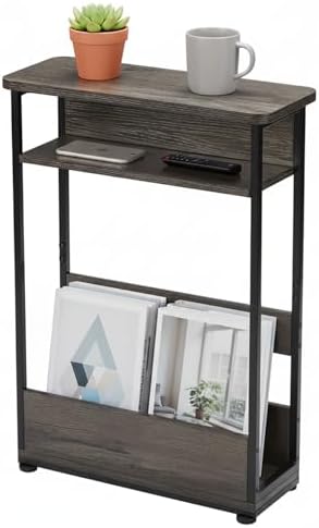 Vintage Narrow Side Table with Storage Shelf, 3 Tier Slim End Table Modern Sofa Table for Narrow and Small Spaces, 24.6 Inch Height Bedside Table Nightstand (Grey, Large)
