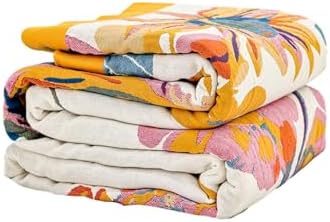 XIBLC Boho Throw Blanket, 100% Cotton Ultra Soft Luxury Throw Rustic Quilt, 90"x98" Floral Bird Butterfly Farmhouse Decor Bed Blankets, All Season Rustic Reversible Bohemian Throw for Bed - Yellow