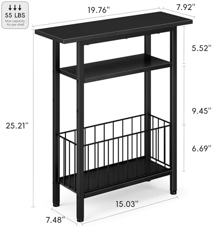 Vagusicc Narrow Side Table, 3-Tier Skinny End Table for Couch, Small side Tables for Small Spaces, Bed Side Table with Storage, 25.2" Tall Slim Nightstand Bedside table for Living Room, Bedroom, Black
