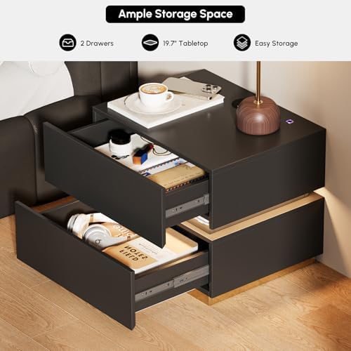 homary Smart Nightstand Set of 2 with Wireless Charging Station, USB & Type-C Ports, LED Light – Modern Black Bedside Table for Bedroom Storage (Black, 2 Drawers)