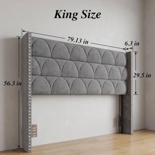 56.3" High Velvet Upholstered Wingback Headboard, King, Gray