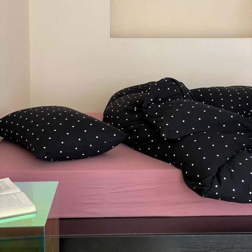 Polka Dot Twin XL Duvet Cover, 3 Piece 100% Cotton Jersey Knit Black Comforter Cover, Soft Modern Aesthetic Minimalist Bedding Set with Zipper & Corner Ties