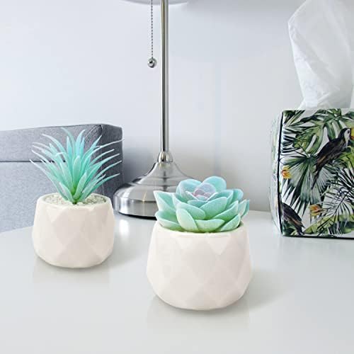 VIVERIE Mini Blue Artificial Succulent in Pots (White Ceramic, 4 Pot Set) Fake Plants for Indoors, Office Decor Blue Gift for Women, Office Home Decor Gifts-Faux Plant