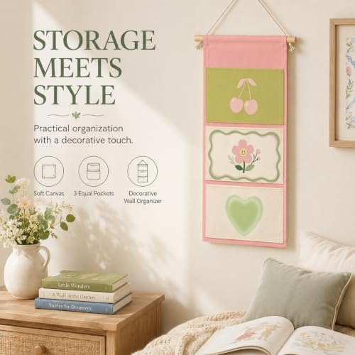 IAXIC Floral Canvas Wall Organizer, Pocket Storage for Girls Bedroom