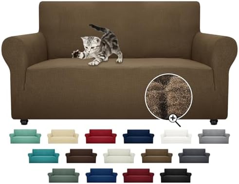 ZNSAYOTX Super Stretch Couch Cover Love Seat Sofa Covers for Living Room Dogs Pet Friendly Furniture Protector Spandex Loveseat Slipcovers with Anti Slip Foam Sticks (Brown, Loveseat)