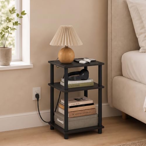 Furinno Just 3-Tier Night Stand with Charging Station, Black Espresso