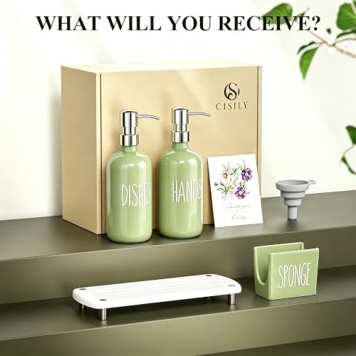 Cisily Olive Green Kitchen Soap Dispenser Set with Ceramics Sponge Holder