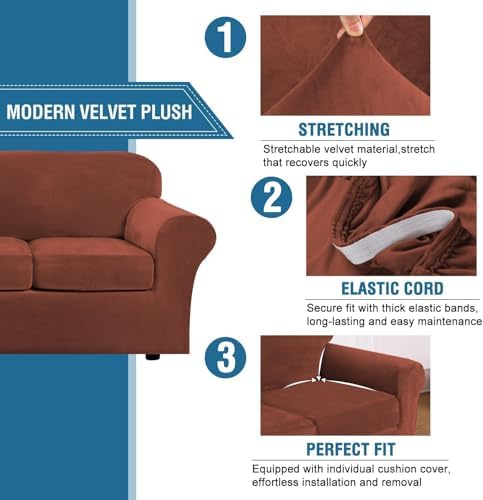 H.VERSAILTEX High Stretch Sofa Slipcover 4 Piece Cover Velvet Furniture Protector Form Fit Thick Velvet Extra Large Sofa Cover for 3 Cushion Couch Width Up to 97 Inch (Large Sofa, Rust)