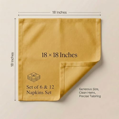 Accent Home 100% Cotton Napkins, Delicate Cloth Napkins for Dinners, Parties and Weddings，18 x 18 Inch Set of 6 - Mustard