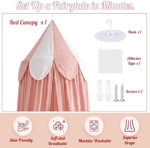 Bed Canopy with Scalloped Edge, 2 Panel Striped, Pink