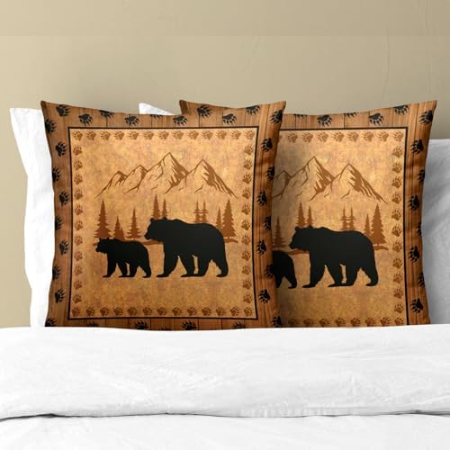 Bear Throw Pillow Covers 22x22 Inch Set of 2 Retro Brown Mountain Decorative Pillowcase Rustic Cabin Bear Hunting Animal Paw Prints Decorative Cotton Cushion Case for Home Sofa Bedroom