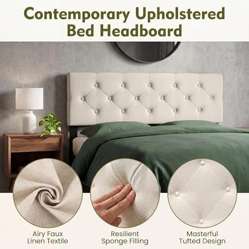 GIANTEX Linen Upholstered Headboard, Queen/Full Size Button Tufted Linen Fabric Head Board with Wood Support Legs, Attach Frame, Width Adjustable Modern Bed Headboard Only (Beige)