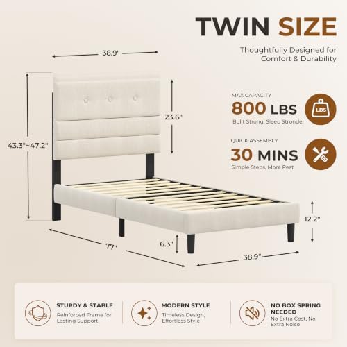 GRUSIGN Twin Size Bed Frame with Linen Fabric Headboard, Adjustable Height Upholstered Platform Bed Frame with Wooden Slats, Easy Assembly, Beige
