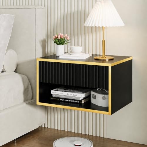 4ever2buy Floating Nightstand, Black Bedroom Night Stand with Drawer