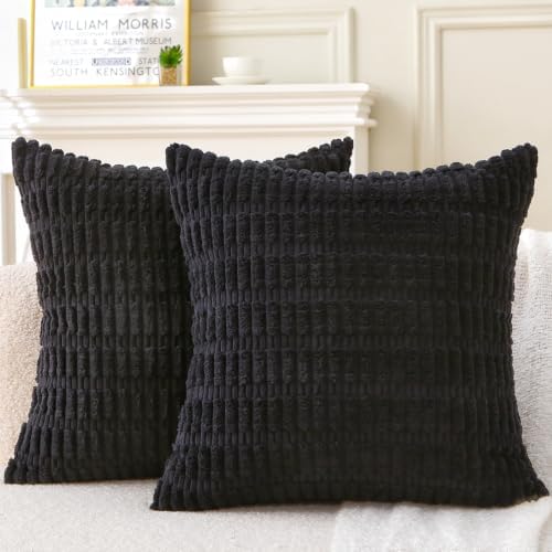 2 Pack Corduroy Decorative Throw Pillow with Inserts, 18x18 Inch Soft Boho Throw Pillow, Square Striped Throw Pillows for Couch, Bed, Sofa Decor