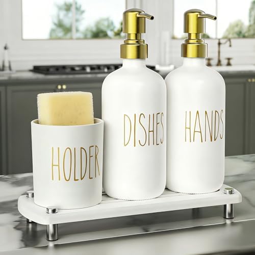 Cisily Kitchen Soap Dispenser Set Comes with Ceramics Sponge Holder, Gold Pumps, and Instant Dry Tray, Hand and Dish Soap Dispenser Set (4, Gold + White + Brush Holder)