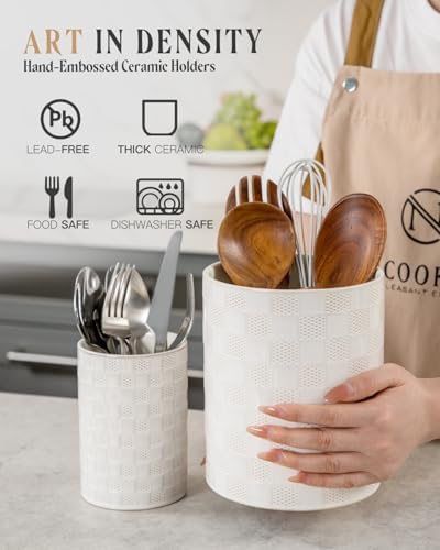 Nucookery Ceramic Utensil Holder for Kitchen Counter Organizer, Set of 2