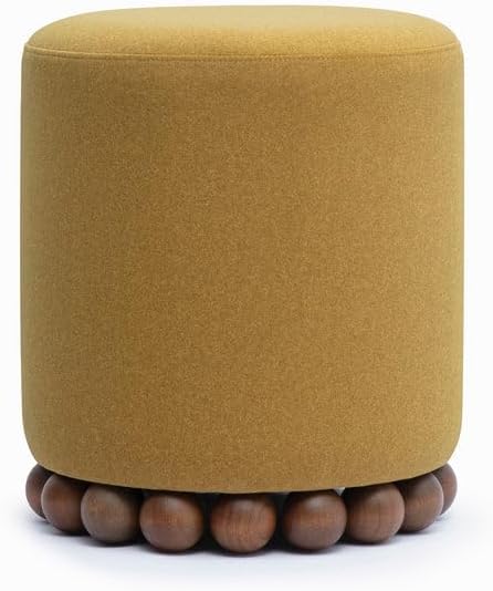 First of a Kind Amber Performance Vegan Mohair Ottoman, Plush Upholstered Accent Stool and Footrest with Foam-Padded Top and Solid Wood Orb Legs