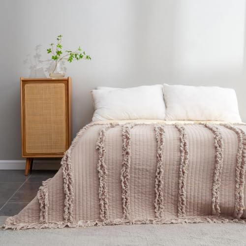 Ultra Soft Pre-Washed Quilted Throw Blanket, Ruffle Fringed Dusty Rose Pink Decorative Throw, Stone Washed Chic Rustic Blanket for Sofa Couch Bed Chair, 50"x 60"