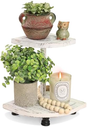 Tikea 2-Tier Wood Riser for Decor, Farmhouse Bathroom Corner Counter Shelf