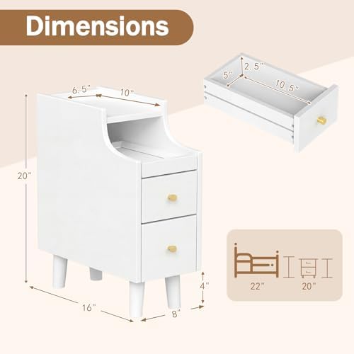 KOMFOTT Narrow Nightstand with Drawers, Solid Wood Bedside Table with Pull-Out Tray & 2 Storage Drawers, Slim Sofa End Table with Cable Management for Small Spaces, Bedroom (White,8" x 16" x 20",1)