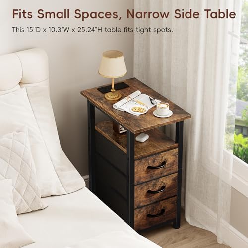 Vagusicc Set of 2 Night Stand with Charging Station, Narrow Nightstand with U-S-B Ports and Outlets, Small Night Stand 3 Fabric Storage Drawers, Small Bedside Table, Rustic Brown