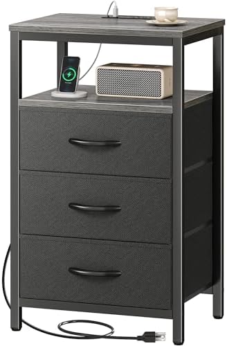 Huuger Nightstand with Charging Station, 27.6 Inch Bedside Table,Side Table