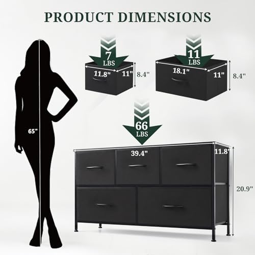 5-Drawer Dresser for Bedroom, Anti-Tip Wide Storage Organizer Fabric