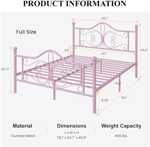 SHA CERLIN Full Size Metal Bed Frame with Butterfly Headboard, Pink